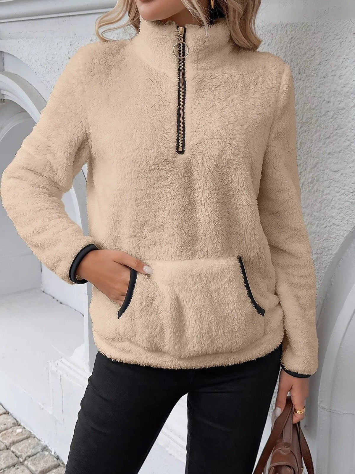 Bluza Polarowa Damska Half Zip z Kieszenią Kangurką