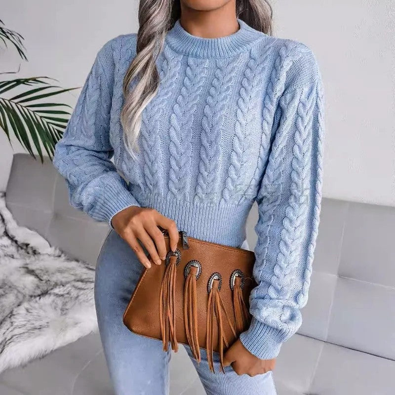 Sweter Warkoczowy Krótki Damski z Bufiastymi Rękawami