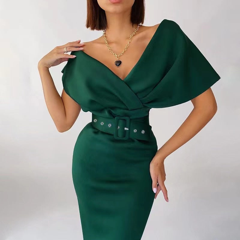 Elegancka Sukienka Midi z Odsłoniętymi Ramionami i Paskiem dla Kobiet | Idealna na Wesele lub Wieczorne Wyjścia