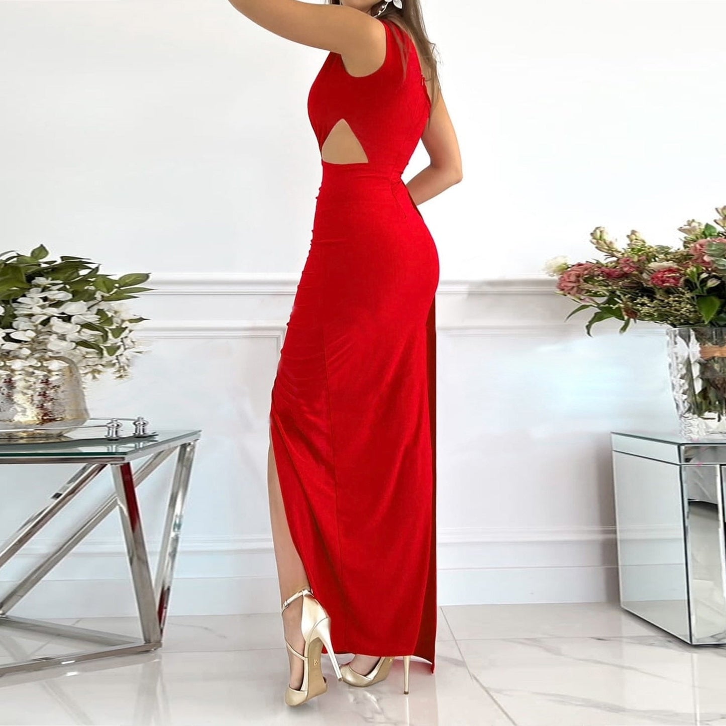 Elegancka Suknia Wieczorowa Maxi z Drapowaniem i Rozcięciem | Stylowy Krój na Specjalne Okazje