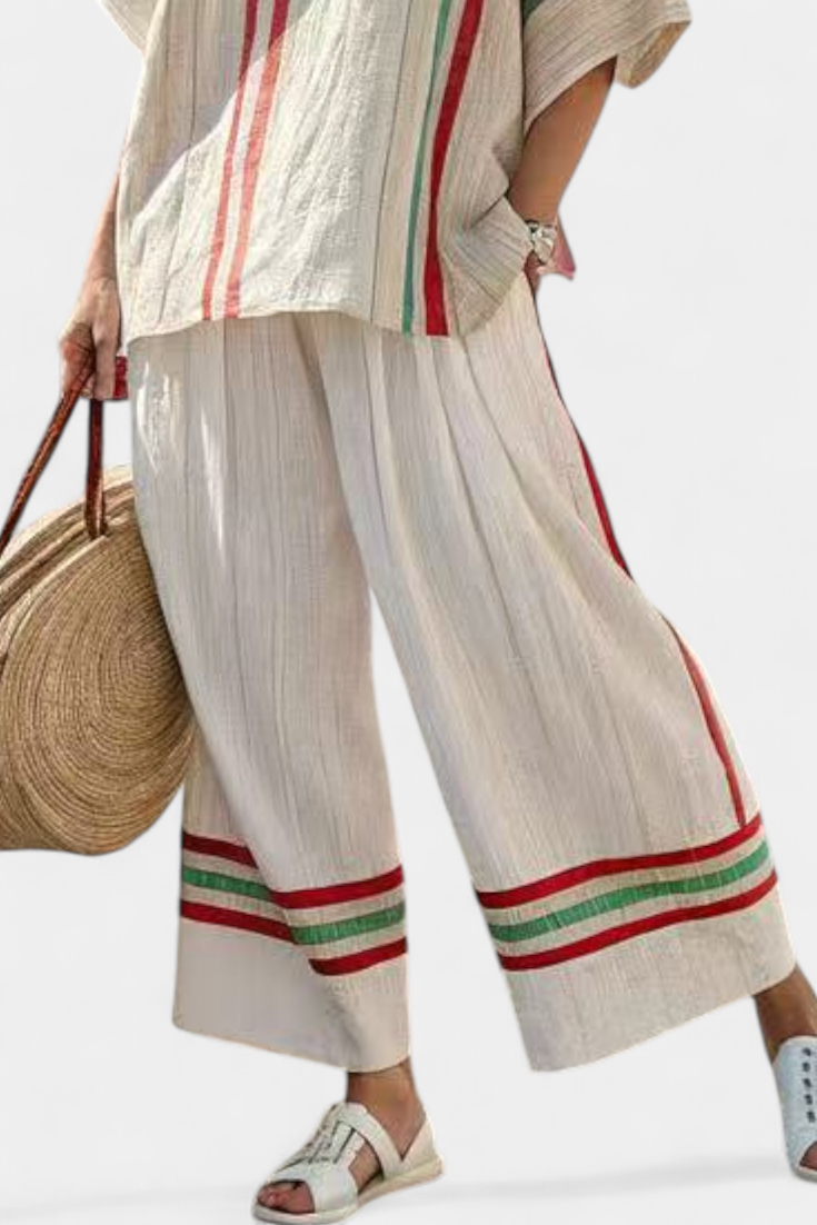 Elegancka Bluzka Boho z Szerokimi Spodniami w Czerwono-Zielone Paski