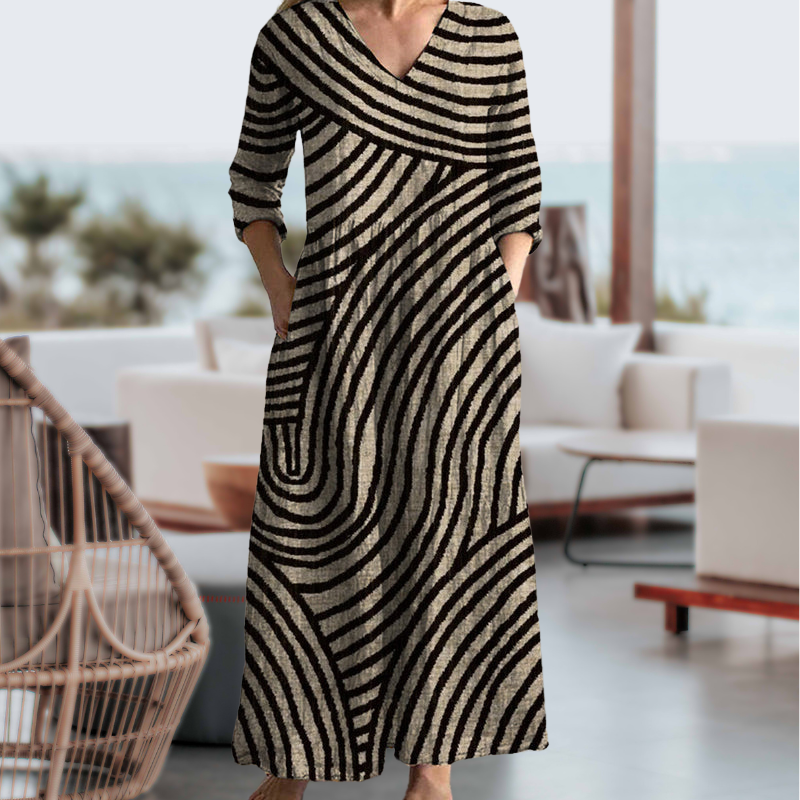 Mia | Elegancka Vintage Sukienka Damska w Paski z Kieszeniami 2