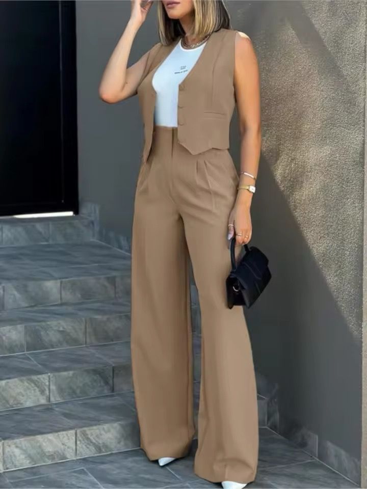 Stylowy Zestaw Damski | Spodnie z Szerokimi Nogawkami i Kamizelka bez Rękawów | Elegancki i Wygodny Strój na Każdą Okazję
