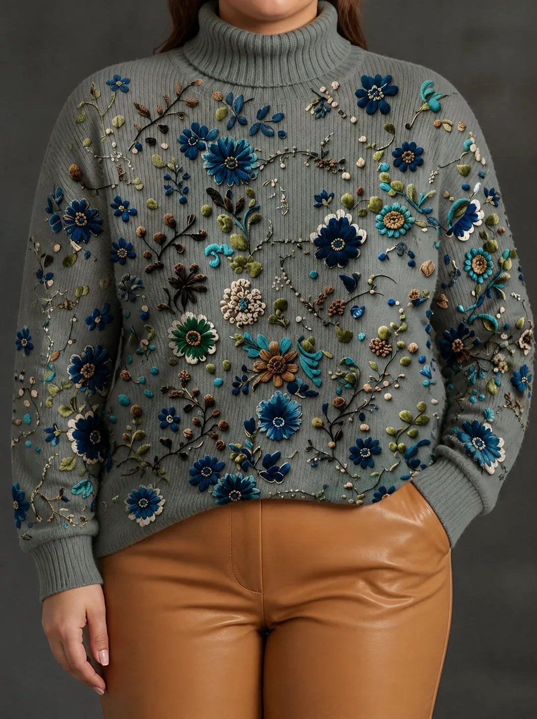 Sweter Golf Damski Oversize Haftowane Kwiaty Dzianinowy