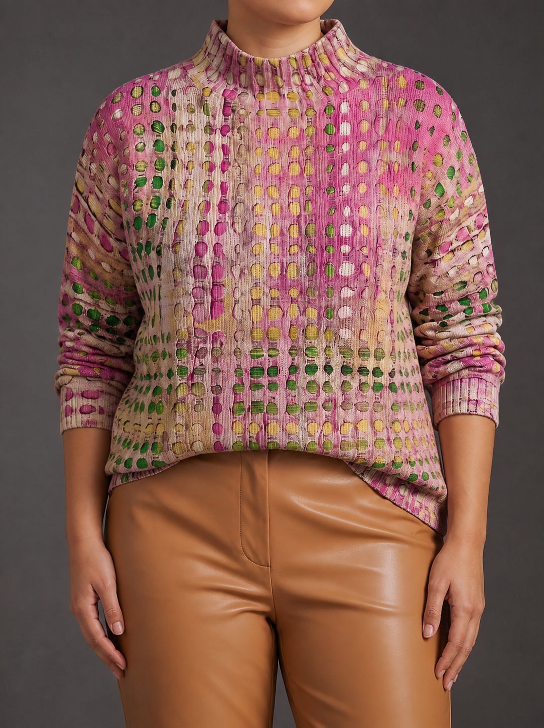Sweter Golf Damski Oversize w Grochy Dzianinowy