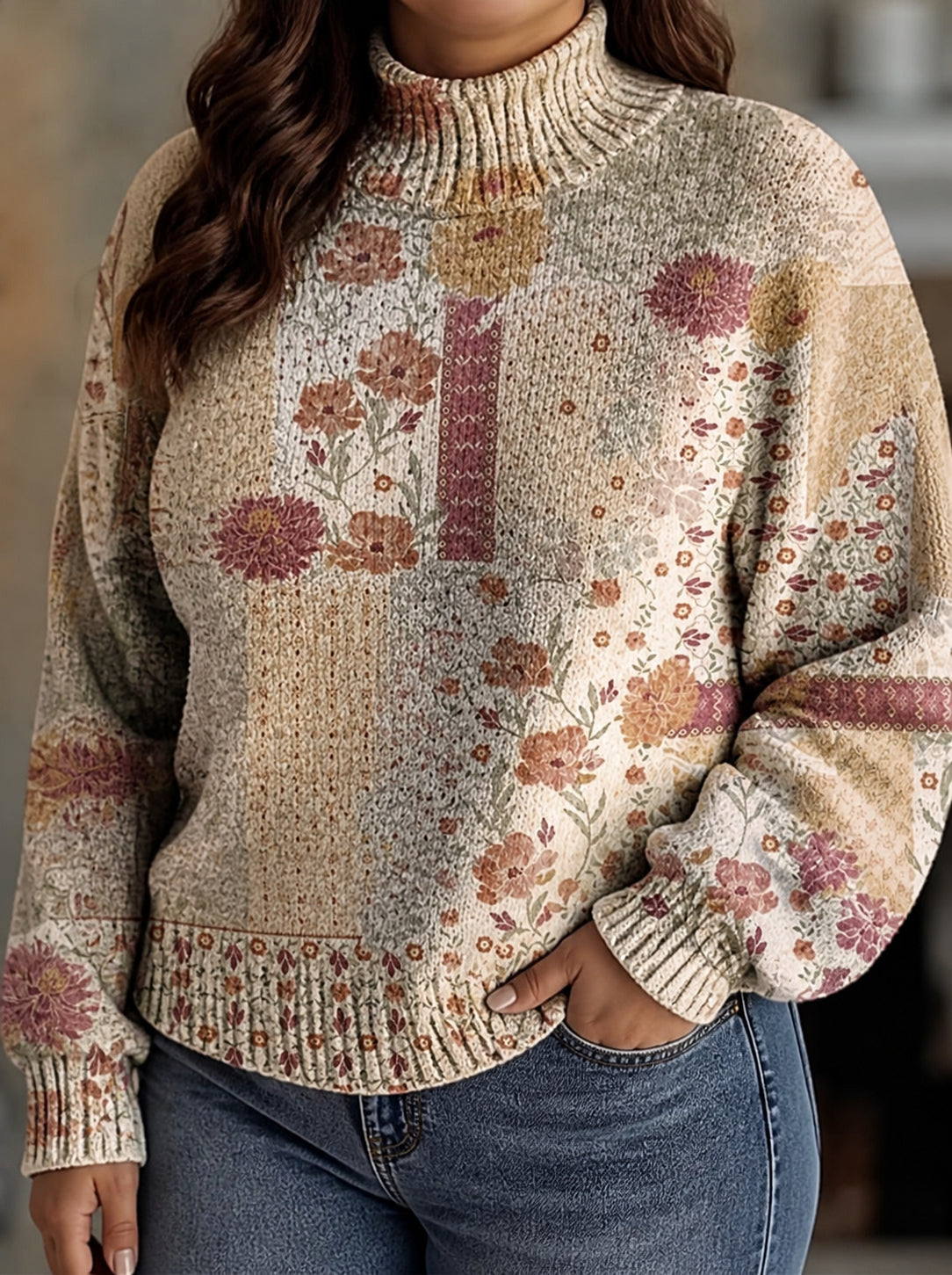 Sweter Golf Damski Bufiasty Rękaw Patchwork Kwiatowy