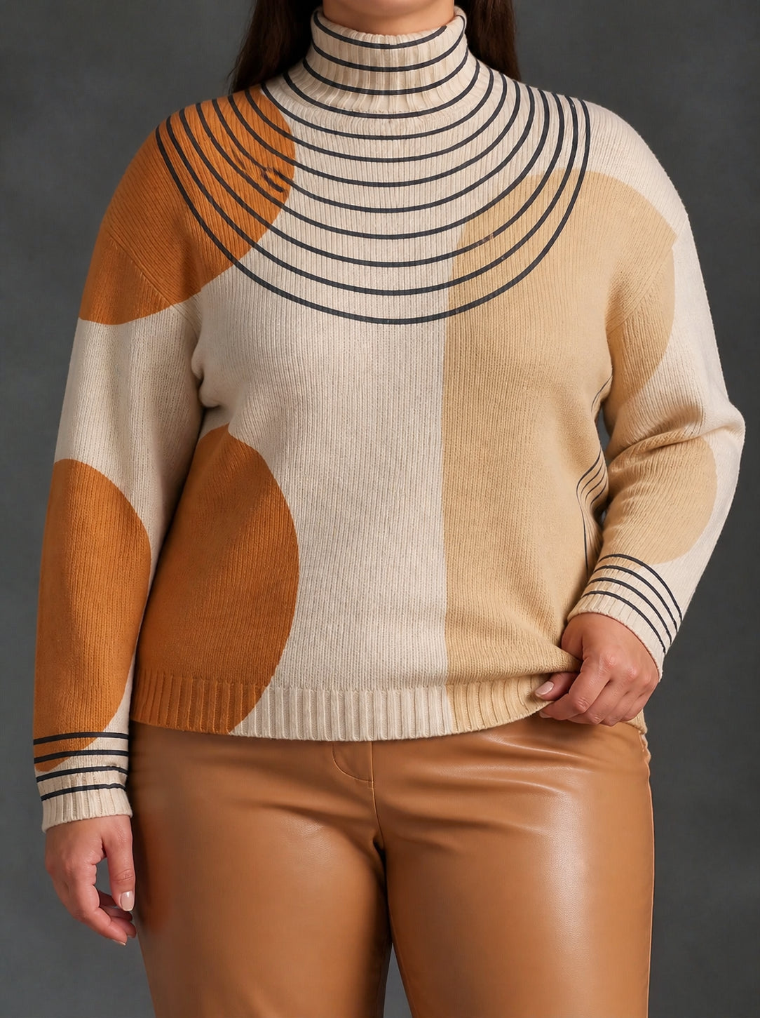 Sweter Golf Damski Oversize Kremowy Colorblock