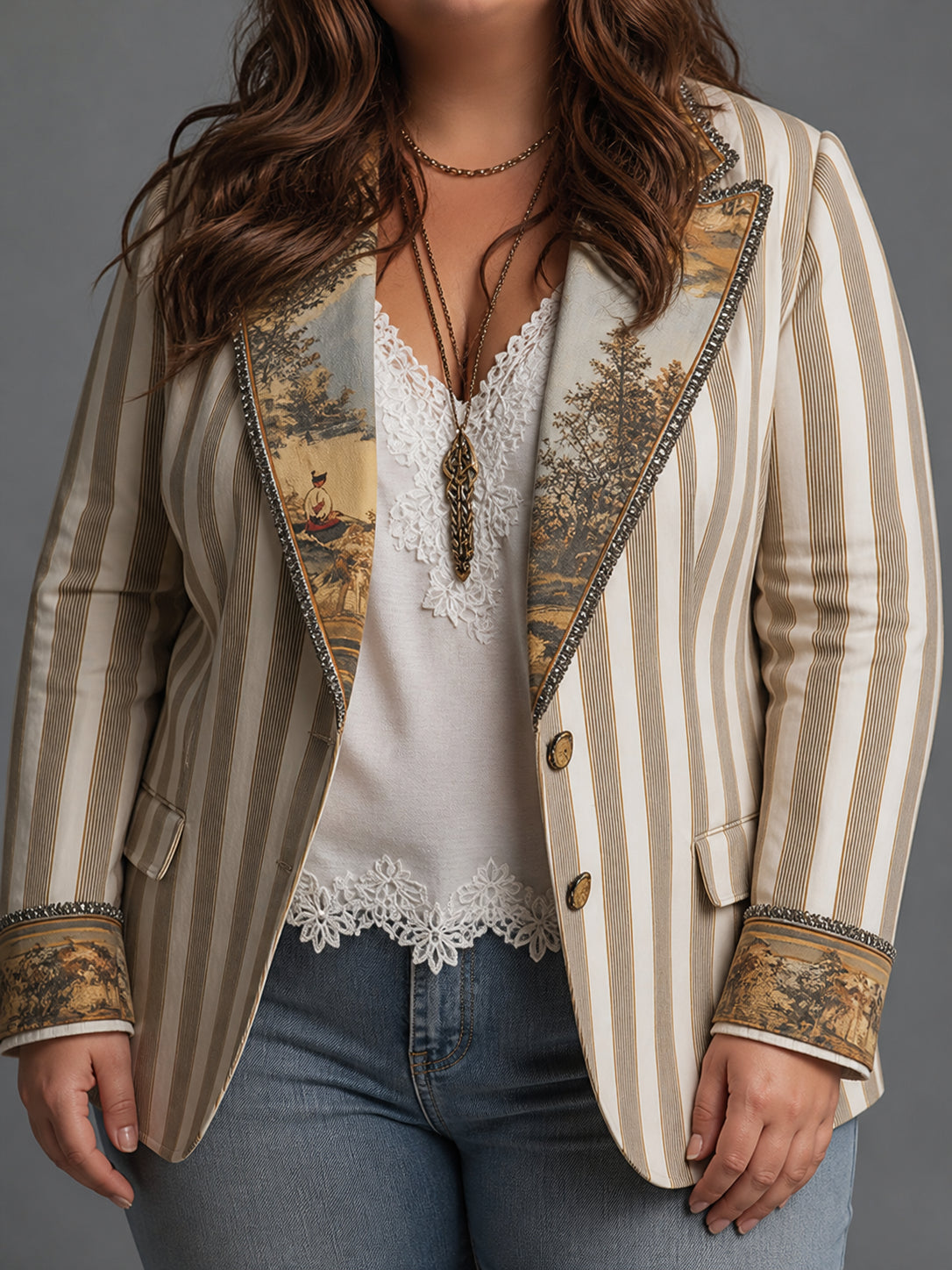 Marynarka Damska Luźna w Paski Wzorzyste Klapy