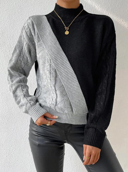 Sweter Damski w Warkocze Dwukolorowy z Półgolfem