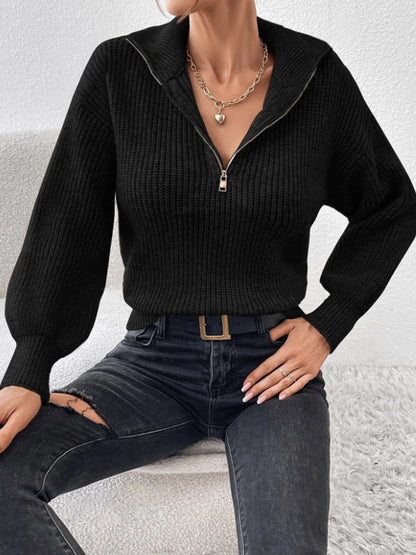 Sweter Half Zip Damski z Szerokim Kołnierzem
