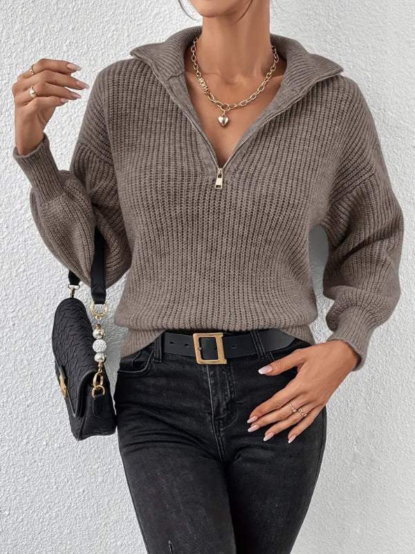 Sweter Half Zip Damski z Szerokim Kołnierzem