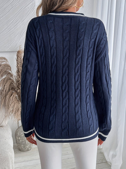 Sweter Warkoczowy Damski w Serek z Kontrastową Lamówką