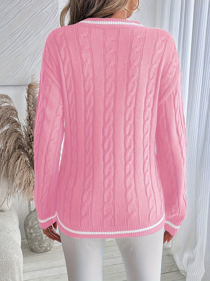 Sweter Warkoczowy Damski w Serek z Kontrastową Lamówką
