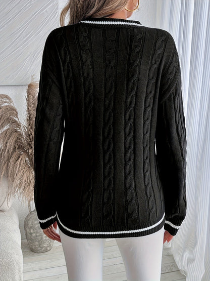 Sweter Warkoczowy Damski w Serek z Kontrastową Lamówką