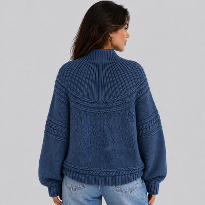 Sweter Warkoczowy Damski Luźny z Półgolfem
