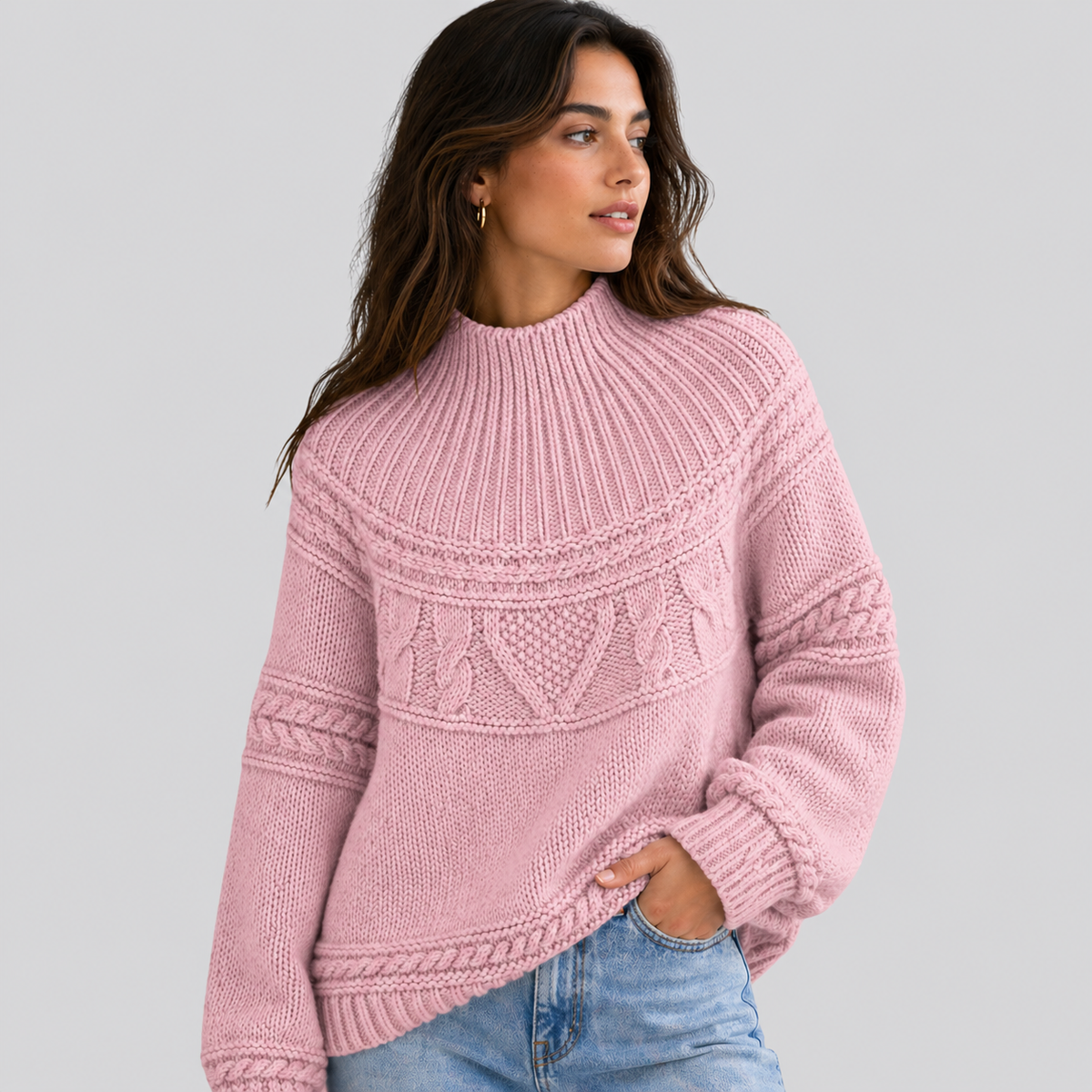 Sweter Warkoczowy Damski Luźny z Półgolfem