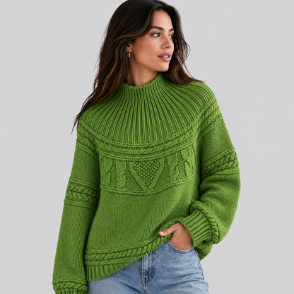 Sweter Warkoczowy Damski Luźny z Półgolfem
