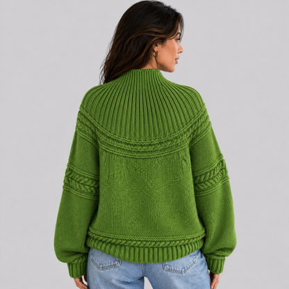 Sweter Warkoczowy Damski Luźny z Półgolfem