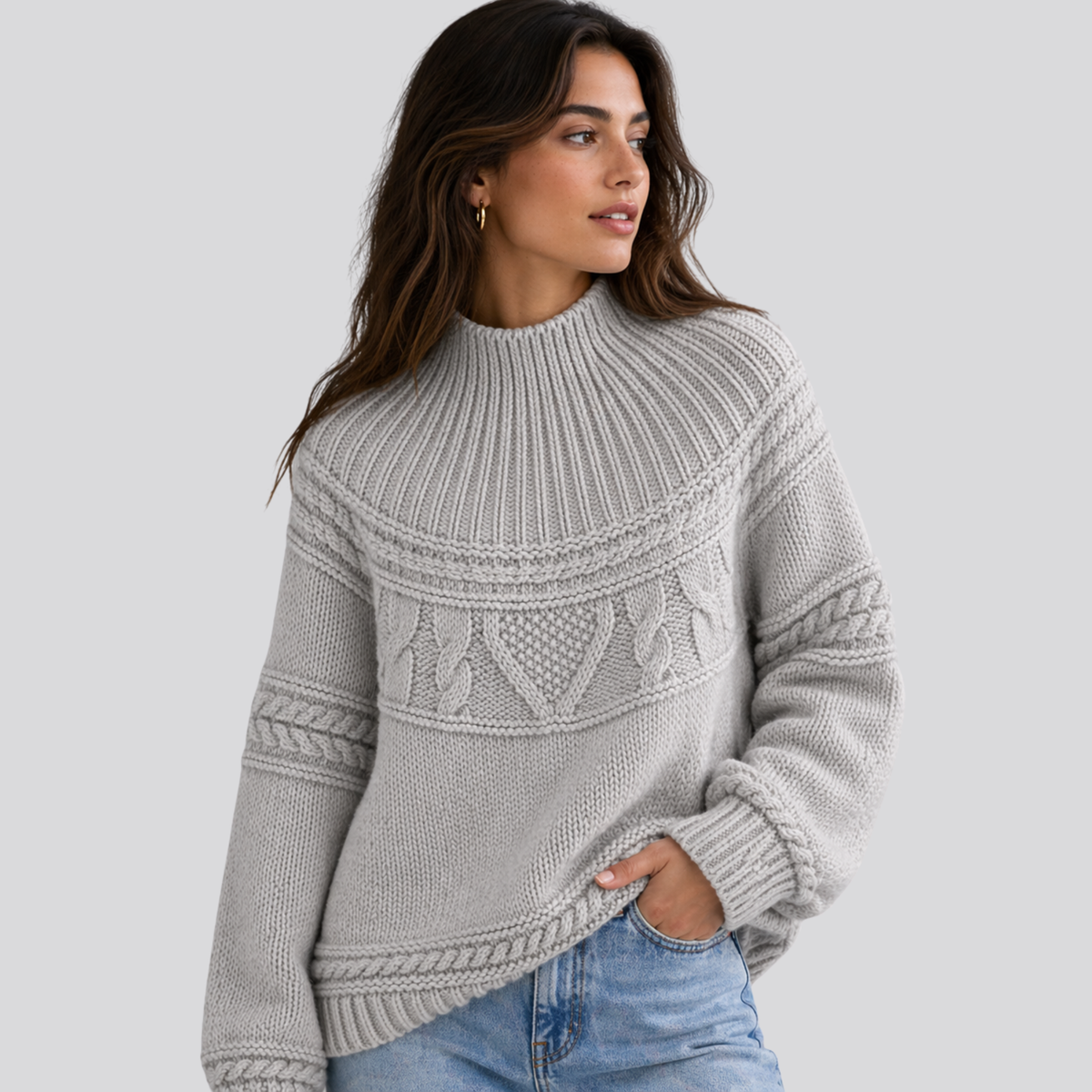Sweter Warkoczowy Damski Luźny z Półgolfem