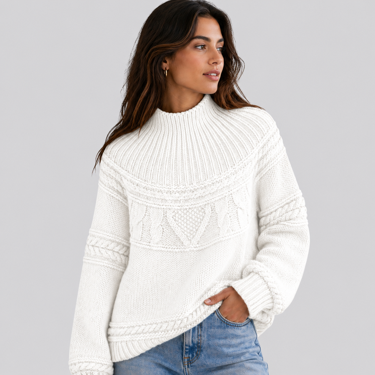 Sweter Warkoczowy Damski Luźny z Półgolfem