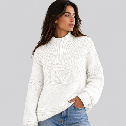 Sweter Warkoczowy Damski Luźny z Półgolfem