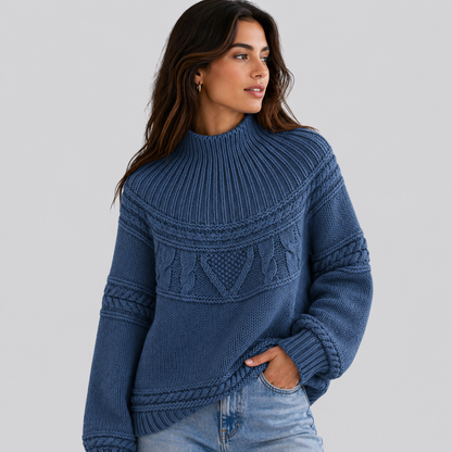 Sweter Warkoczowy Damski Luźny z Półgolfem