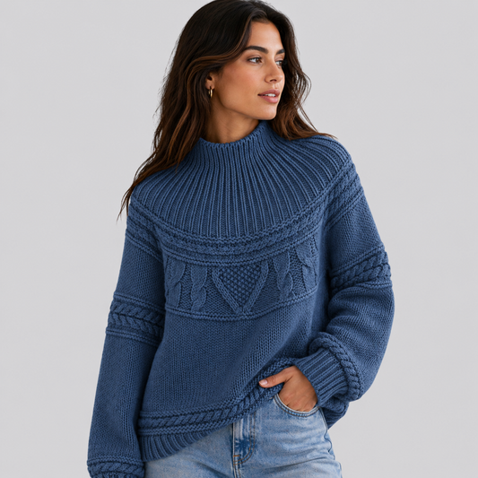 Sweter Warkoczowy Damski Luźny z Półgolfem