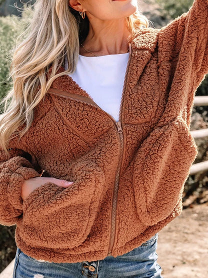 Kurtka Teddy Damska z Kapturem Oversize Brązowa