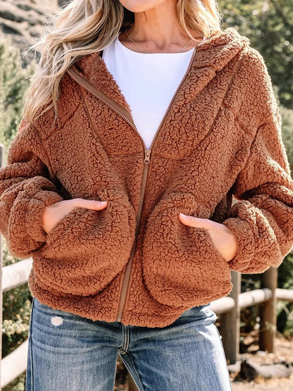 Kurtka Teddy Damska z Kapturem Oversize Brązowa