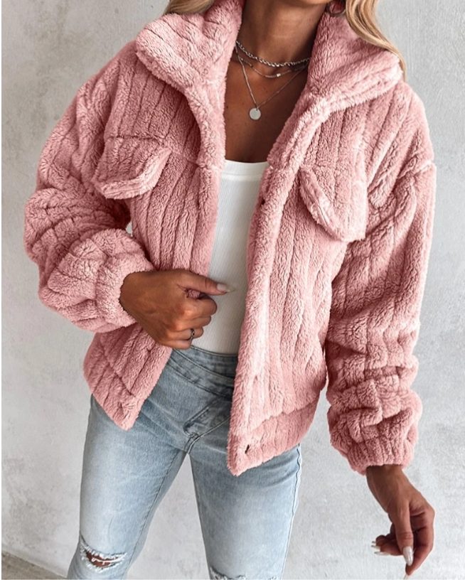 Kurtka Teddy Damska Oversize z Kieszeniami na Piersi