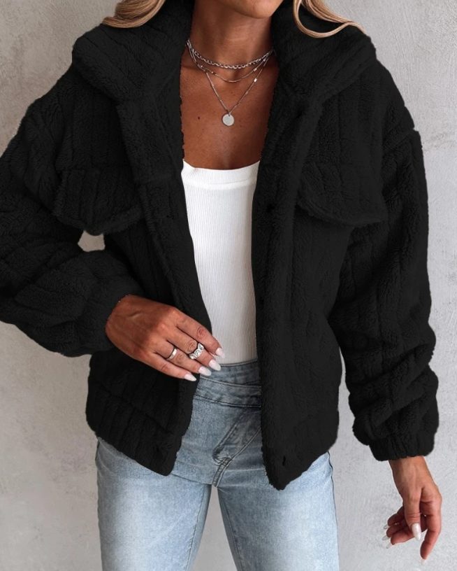 Kurtka Teddy Damska Oversize z Kieszeniami na Piersi
