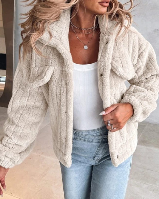 Kurtka Teddy Damska Oversize z Kieszeniami na Piersi