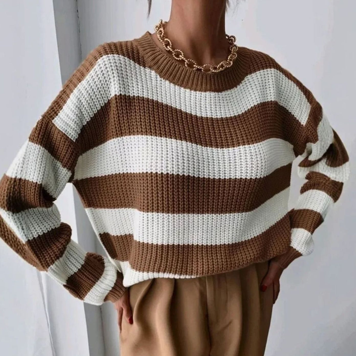 Sweter Damski w Szerokie Paski Gruby Splot