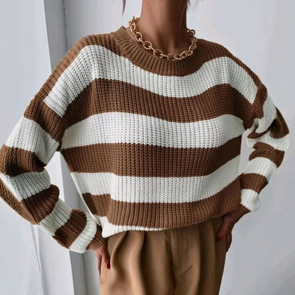 Sweter Damski w Szerokie Paski Gruby Splot