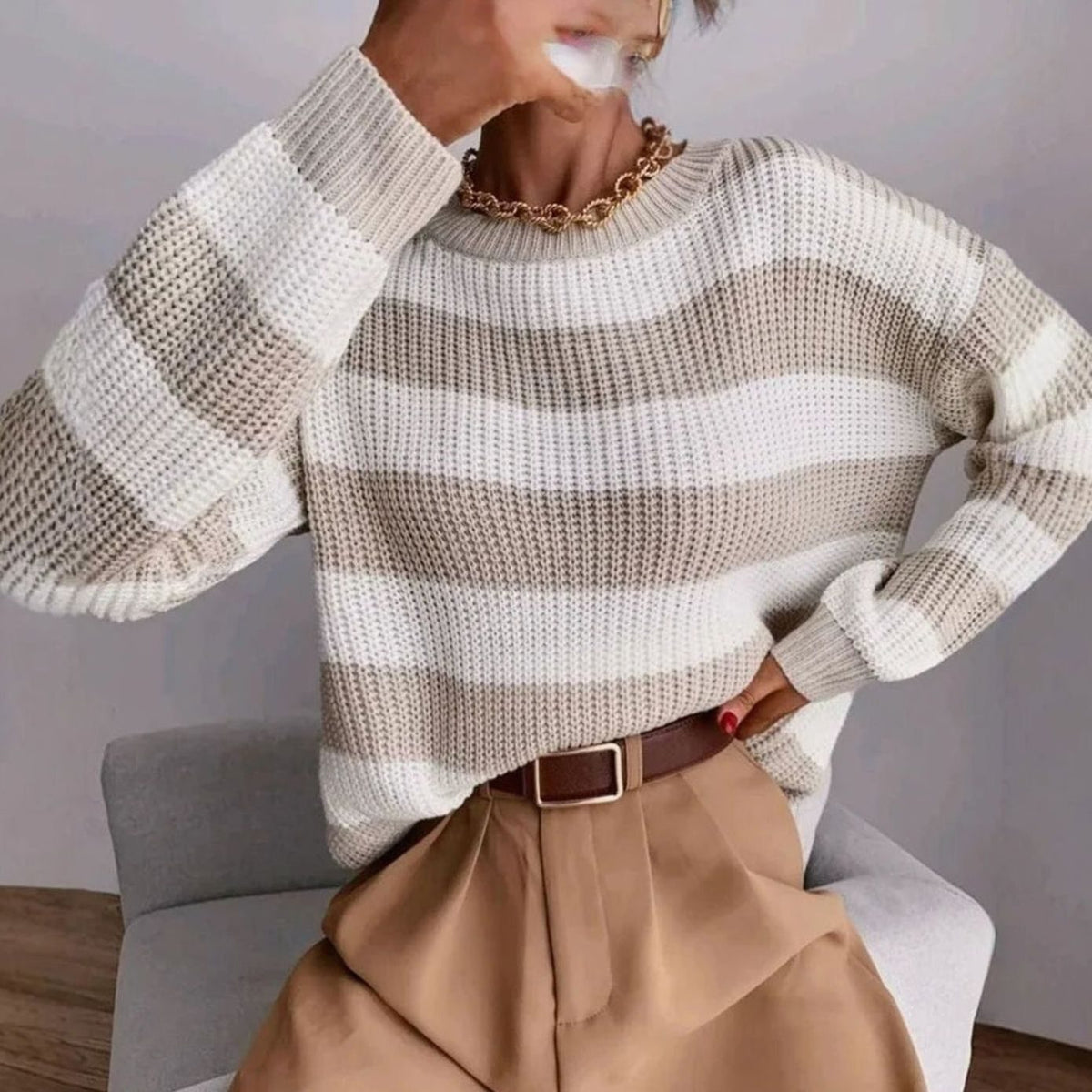 Sweter Damski w Szerokie Paski Gruby Splot