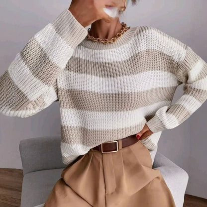 Sweter Damski w Szerokie Paski Gruby Splot