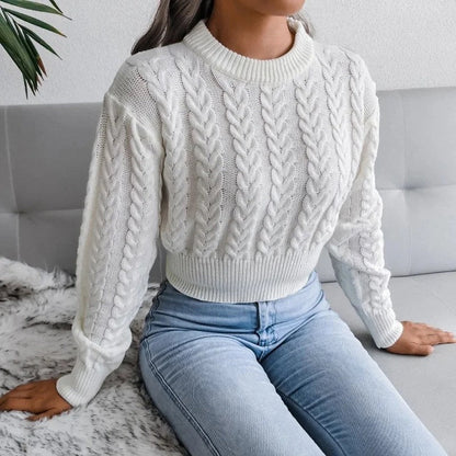 Sweter Warkoczowy Krótki Damski z Bufiastymi Rękawami
