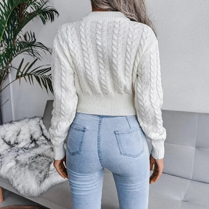 Sweter Warkoczowy Krótki Damski z Bufiastymi Rękawami