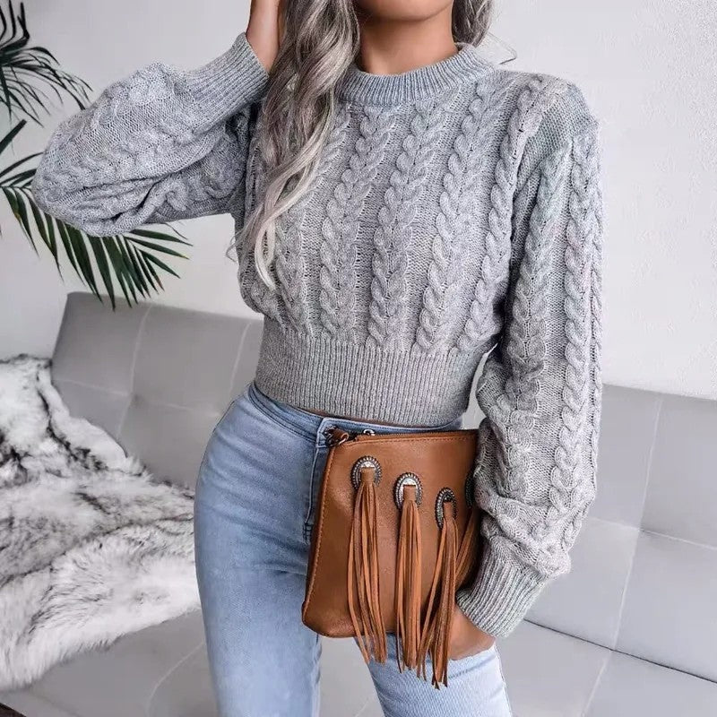 Sweter Warkoczowy Krótki Damski z Bufiastymi Rękawami