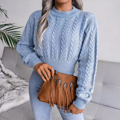 Sweter Warkoczowy Krótki Damski z Bufiastymi Rękawami
