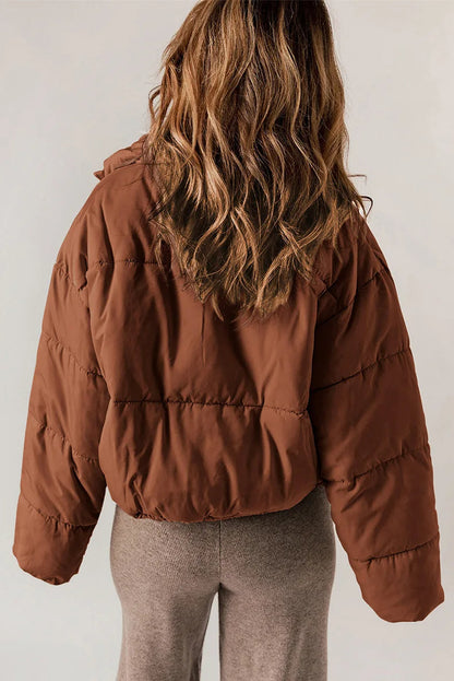 Kurtka Puffer Damska Krótka Oversize ze Stójką