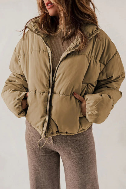 Kurtka Puffer Damska Krótka Oversize ze Stójką