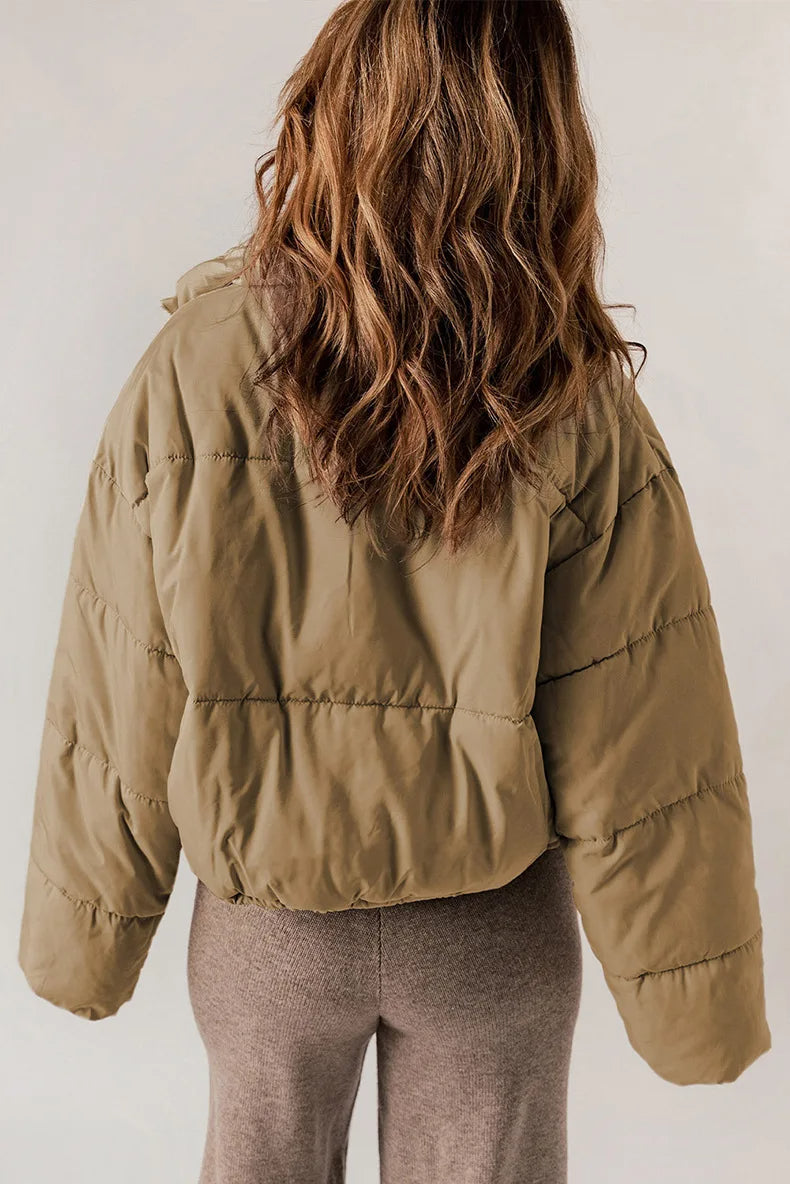 Kurtka Puffer Damska Krótka Oversize ze Stójką
