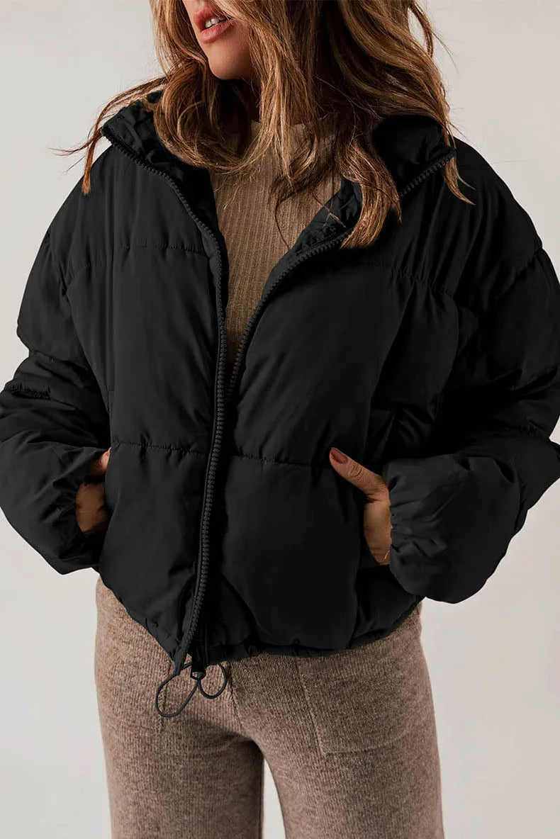 Kurtka Puffer Damska Krótka Oversize ze Stójką