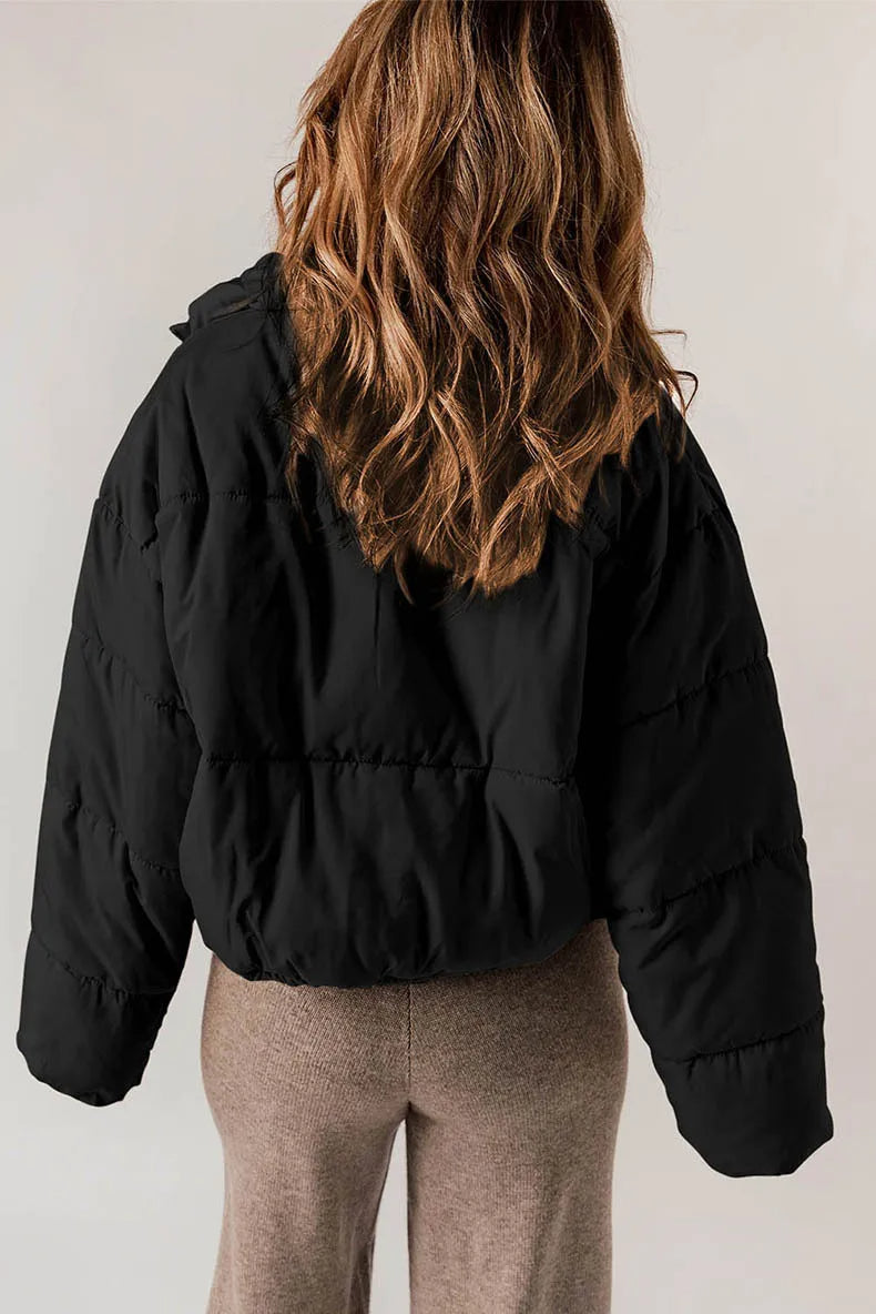 Kurtka Puffer Damska Krótka Oversize ze Stójką