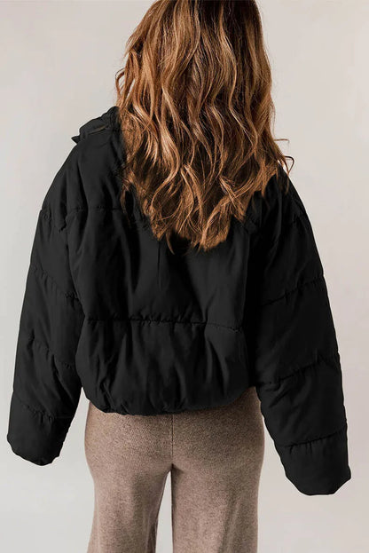 Kurtka Puffer Damska Krótka Oversize ze Stójką