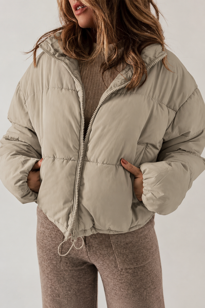Kurtka Puffer Damska Krótka Oversize ze Stójką