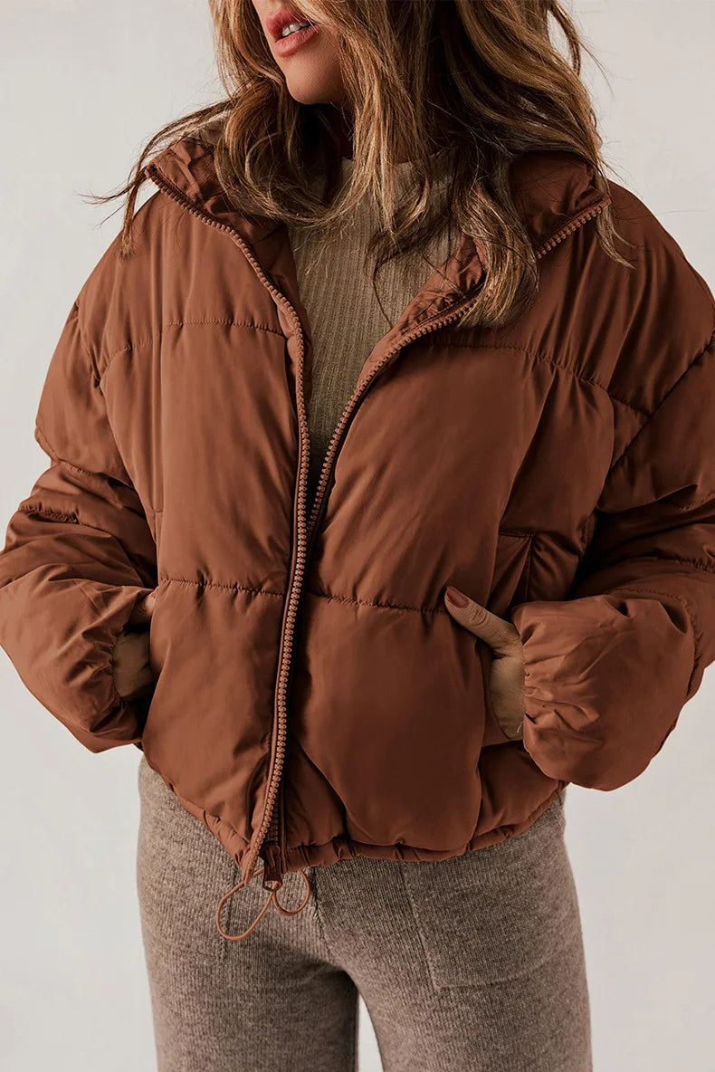 Kurtka Puffer Damska Krótka Oversize ze Stójką