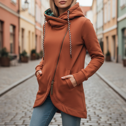 Damska Asymetryczna Długa Bluza z Kapturem Casual