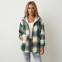 Damska Elegancka Flanelowa Kurtka z Kapturem w Kratę
